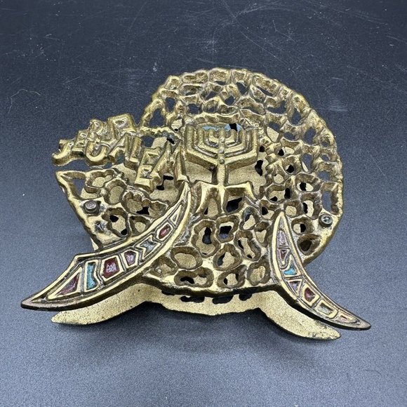 Brass w/Enamel Napkin Holder Letter Card Holder Jerusalem Vintage - Picture 2 of 7